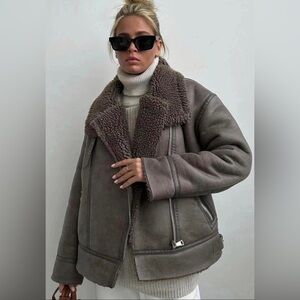 ZARA GREY FAUX LEATHER SHEARLING AVIATOR
